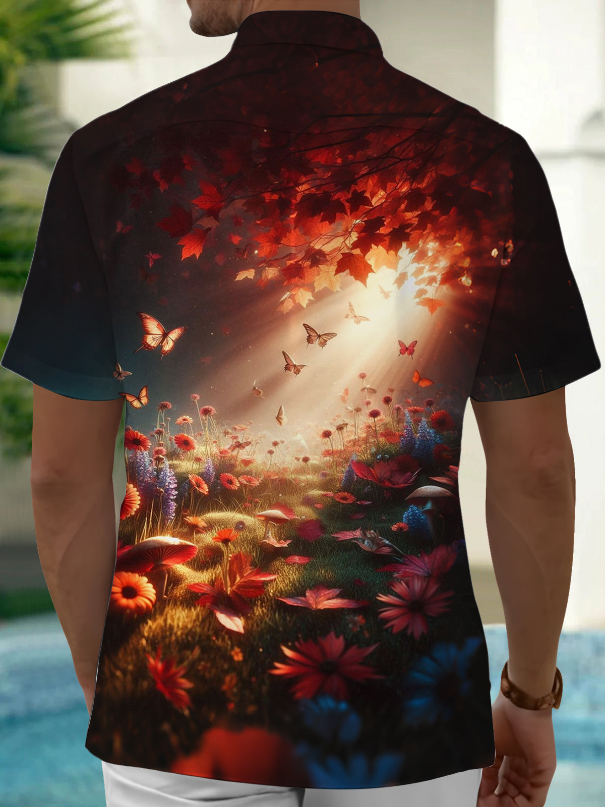 Plant Butterfly Print Men's Pocket Short Sleeve Shirts