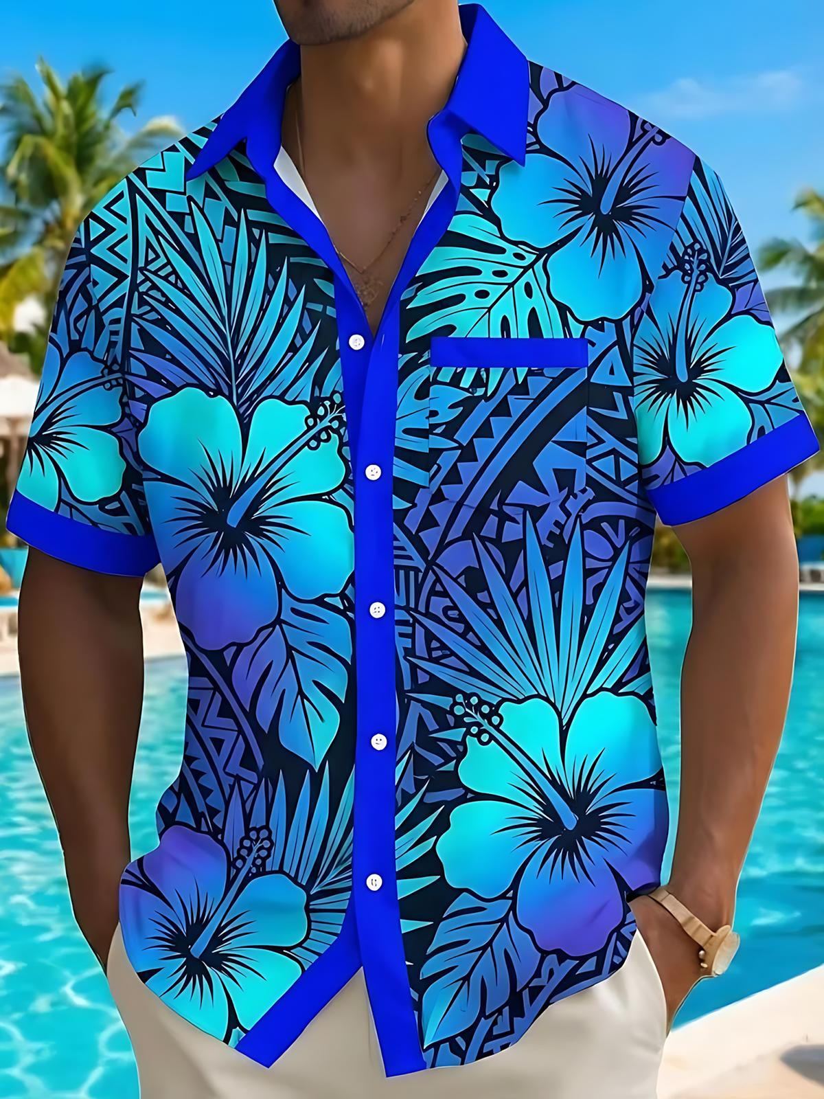 Hawaiian Plant Flower Leaf Print Men's Pocket Short Sleeve Shirts