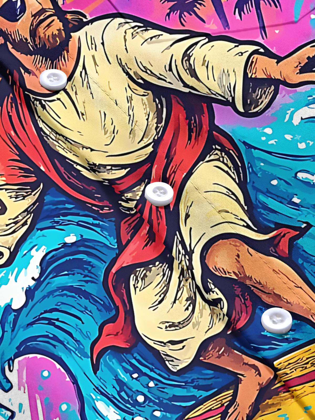 Hawaiian Jesus Surfing Print Men's Pocket Short Sleeve Shirts