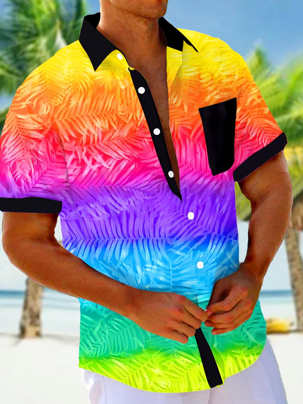 Hawaiian Rainbow Gradient Leaves Men's Pocket Short Sleeve Shirts