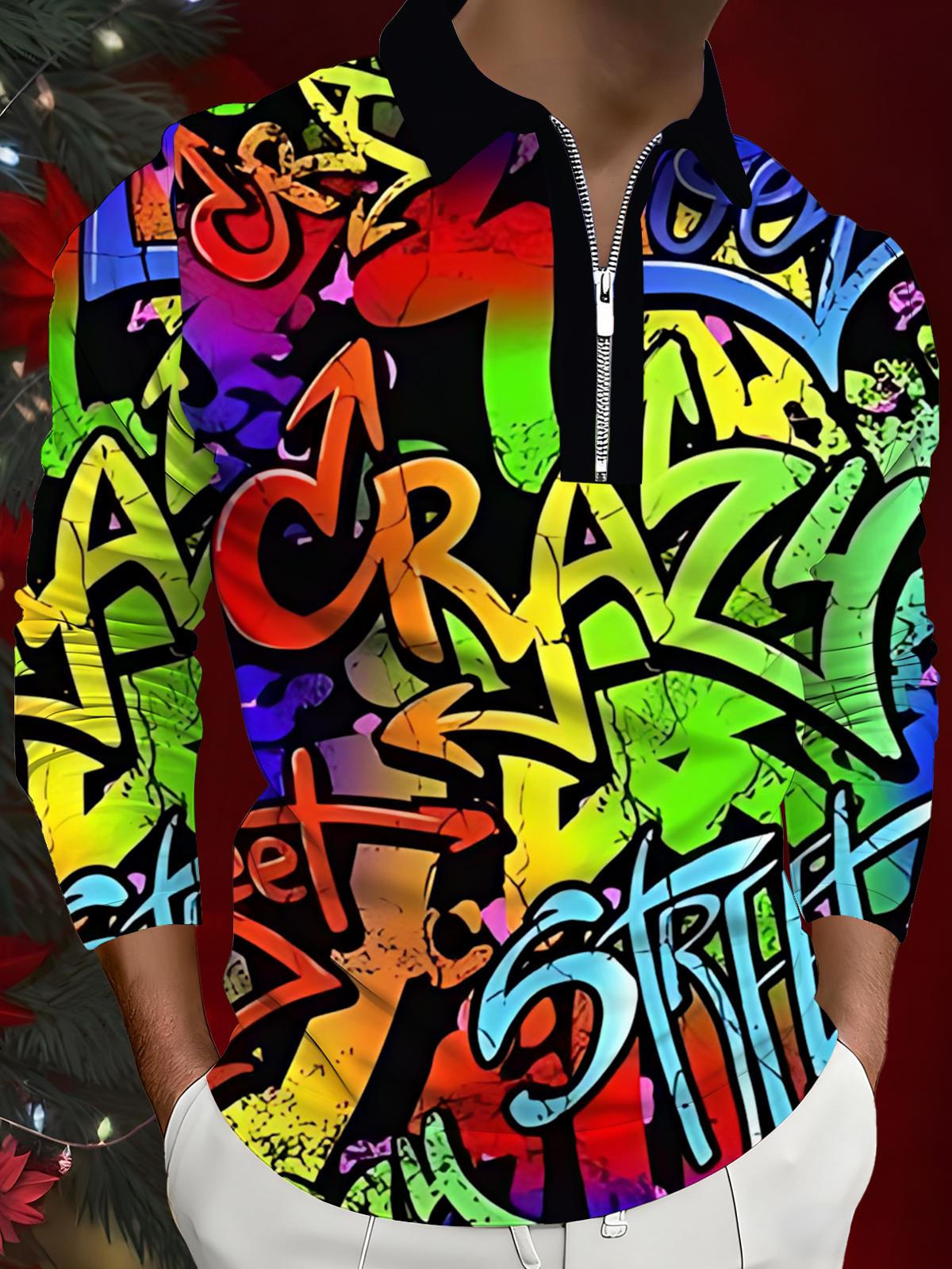 Colorful Gradient Letter Print Men's Long Sleeve Zipper Polo