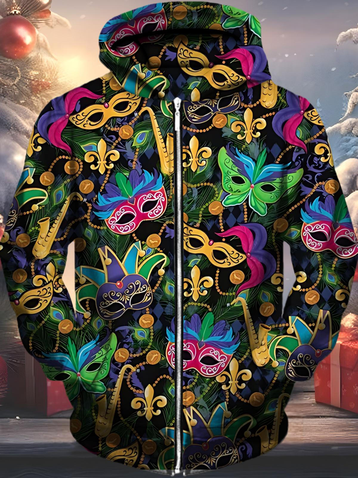 Mask Print Men's Pocket Long Sleeve Zip Up Hoodies