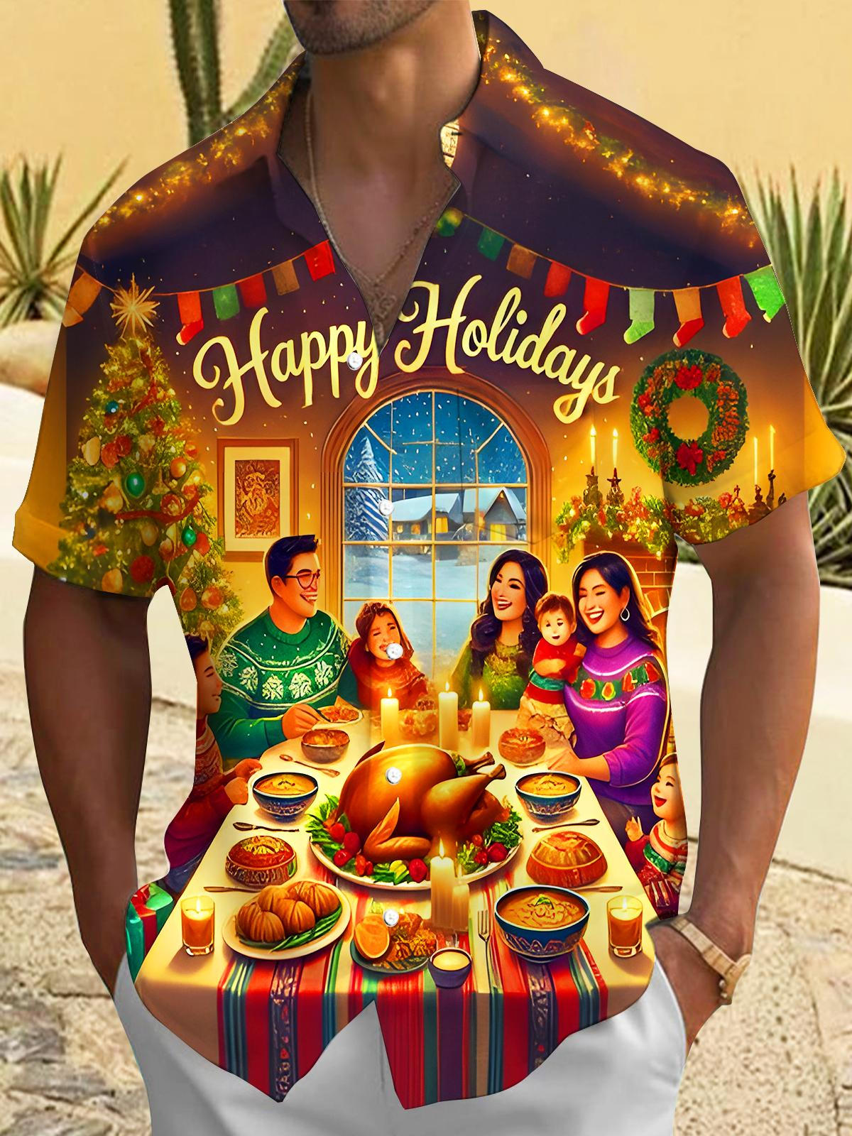 Festivals Family Gatherings Enjoyable Holidays Men's Pocket Short Sleeve Shirts