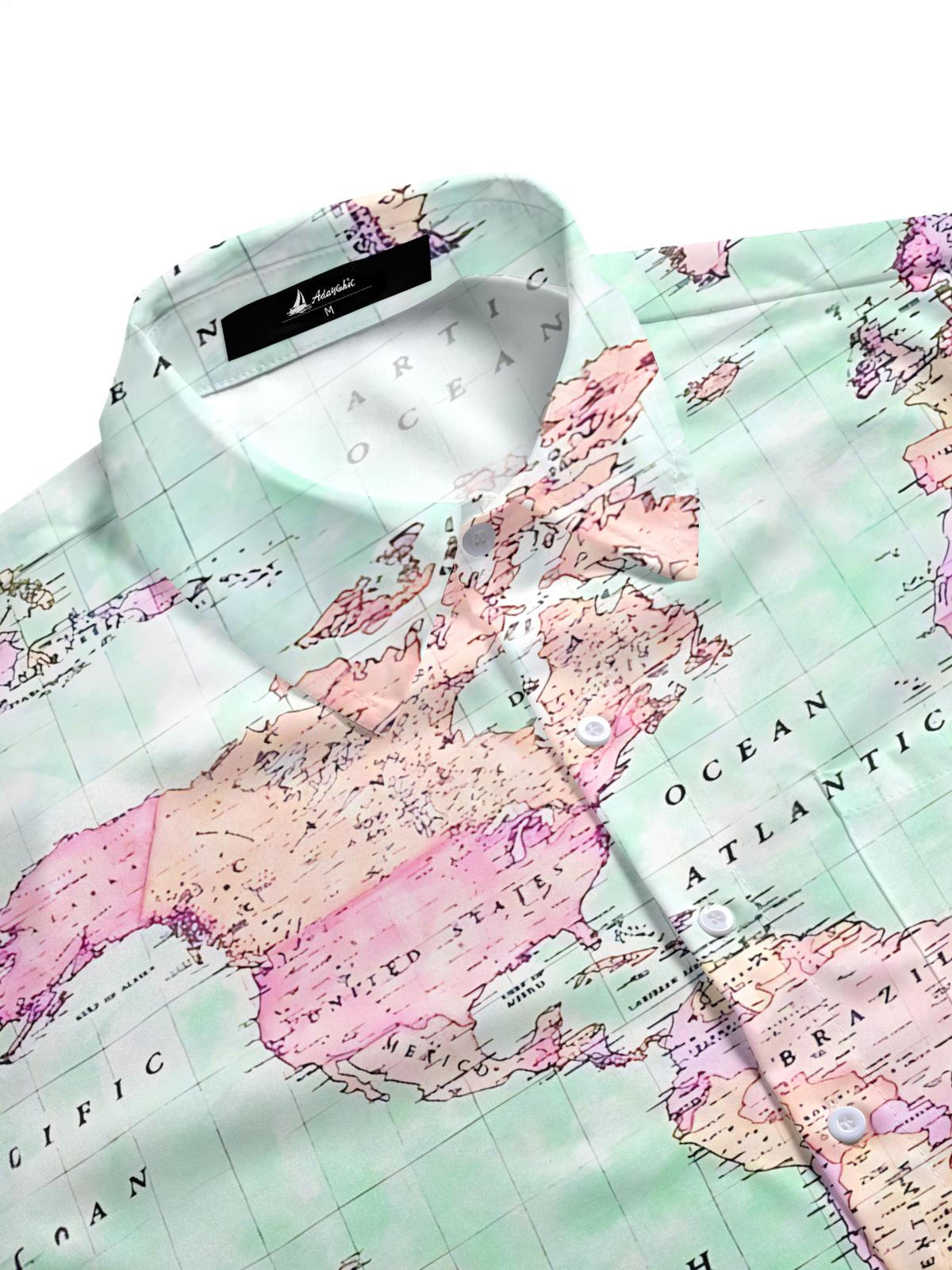 Map Print Men's Pocket Short Sleeve Shirts