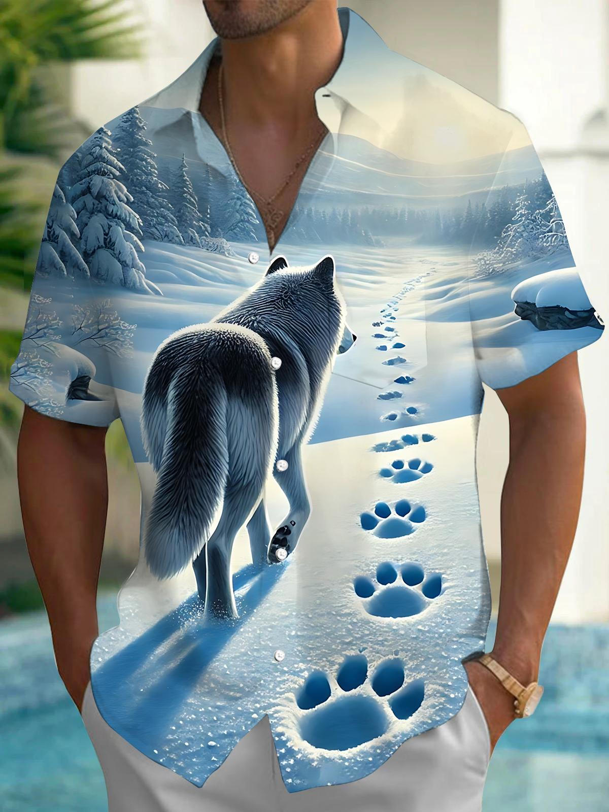 Snow Wolf Print Men's Pocket Short Sleeve Shirts