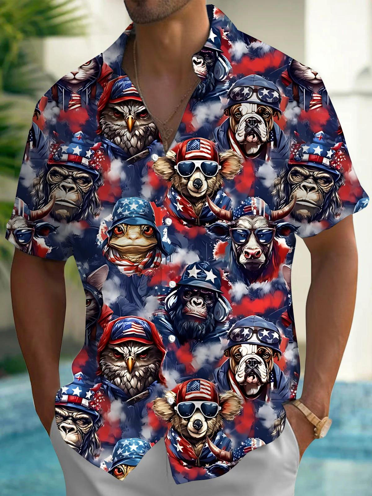 American Flag Animal Print Men's Pocket Short Sleeve Shirts