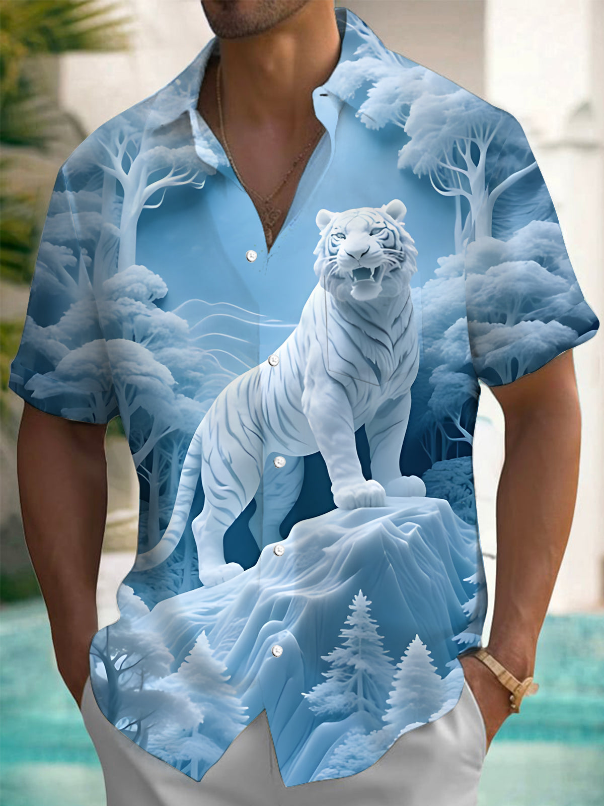 Ice Forest White Tiger Art Print Men's Pocket Short Sleeve Shirts
