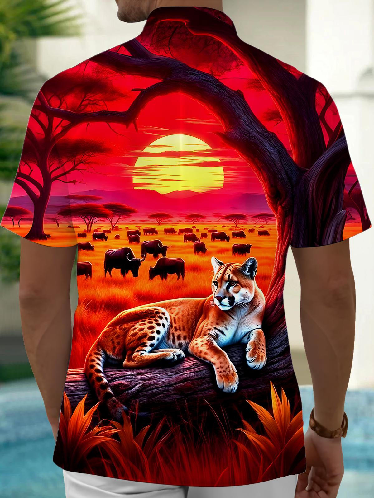 Forest Animals Cheetah Cow Men's Pocket Short Sleeve Shirts