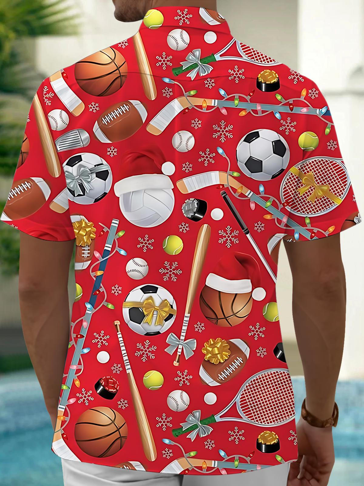 Sports Ball Christmas Snowflake Print Men's Pocket Short Sleeve Shirts