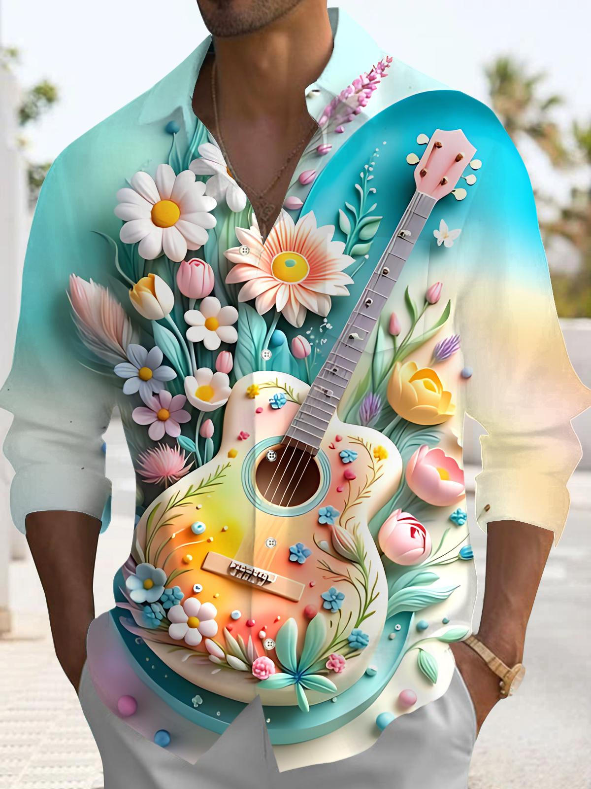 Floral Guitar Art Print Men's Pocket Long Sleeve Shirts