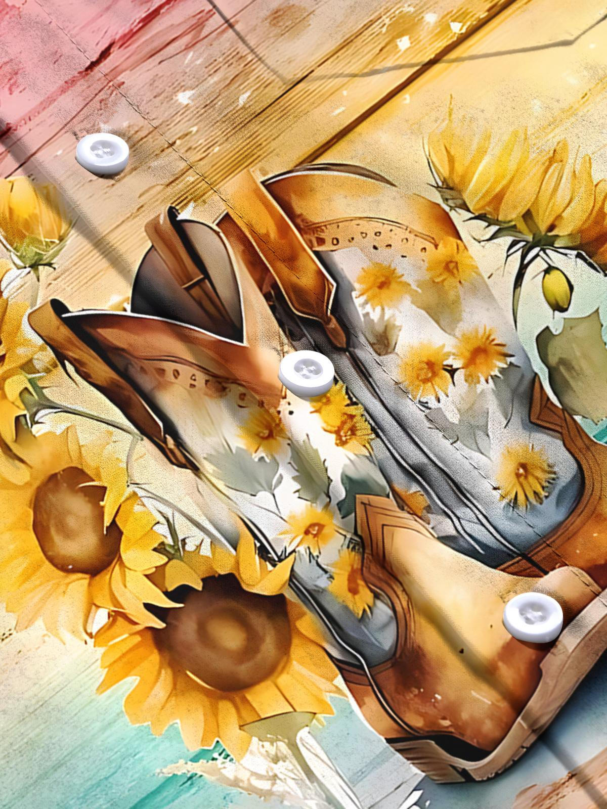 Sunflower Western Boot Print Men's Pocket Short Sleeve Shirts