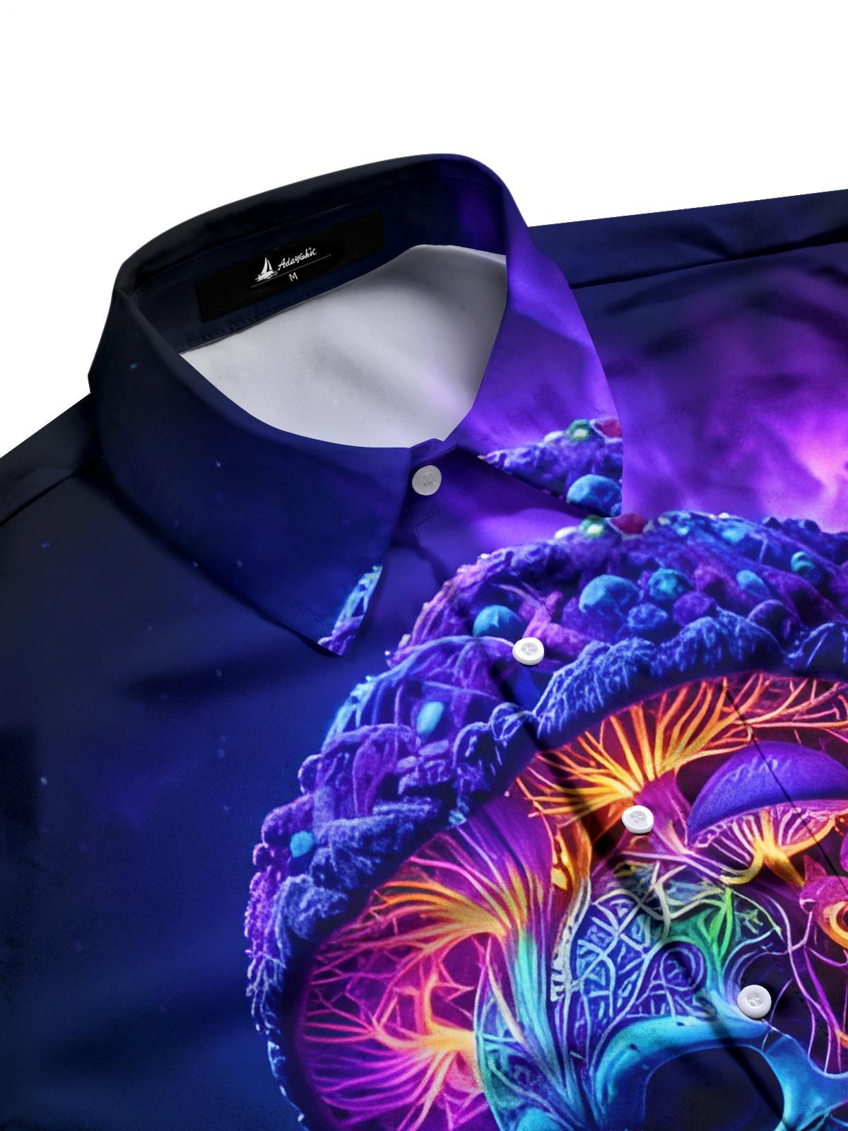 Mushroom Skull Print Men's Pocket Short Sleeve Shirts