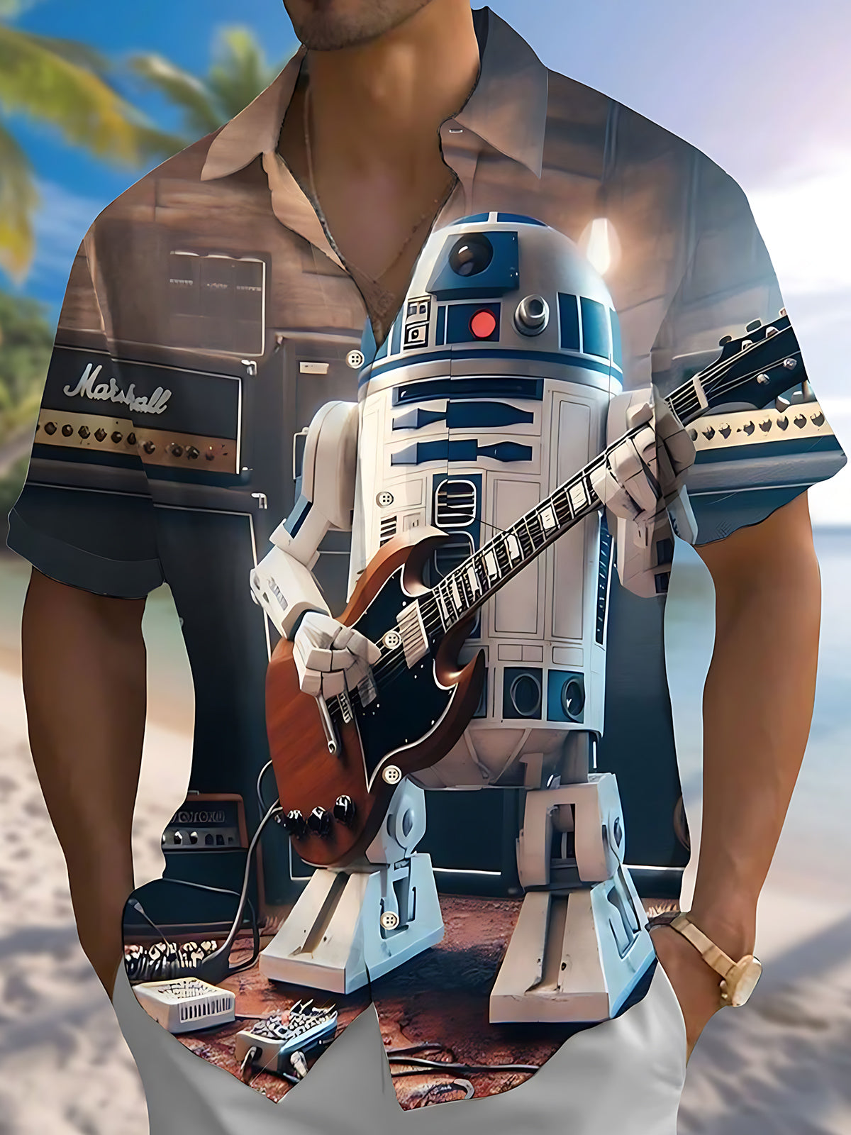 Robot Guitar Print Men's Pocket Short Sleeve Shirts