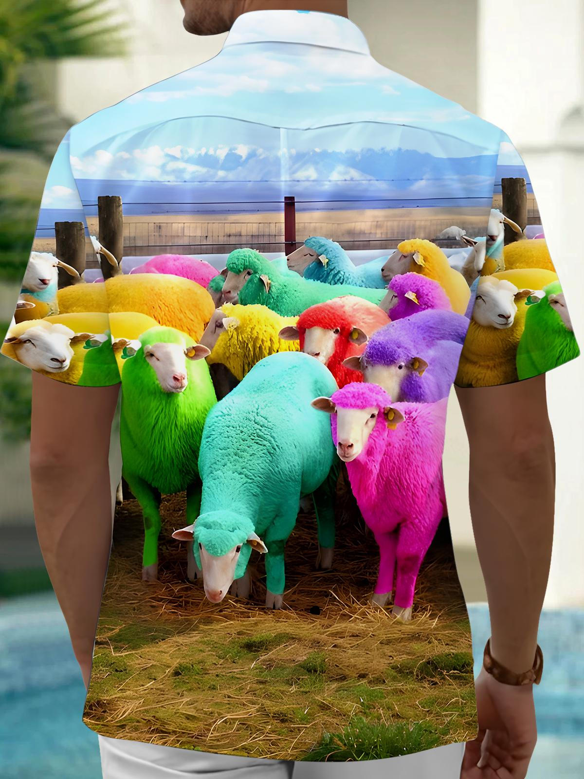 Sheep Print Men's Pocket Short Sleeve Shirts