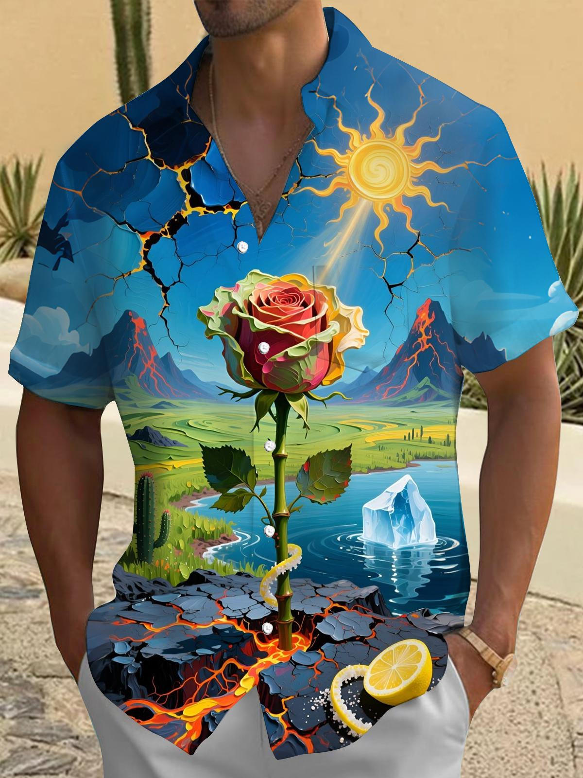 Rose Flower Print Men's Pocket Short Sleeve Shirts
