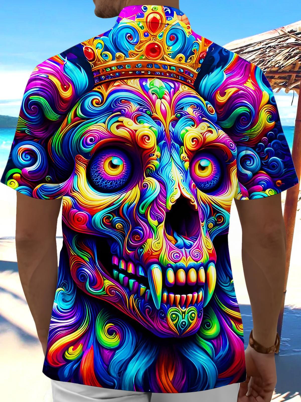 Funny Colorful Skull Swirl Halloween Men's Pocket Short Sleeve Shirts