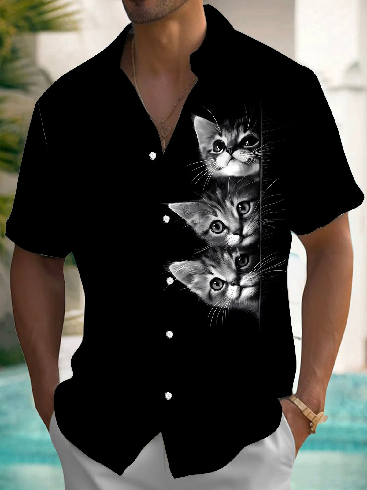Cat Print Men's Pocket Short Sleeve Shirts