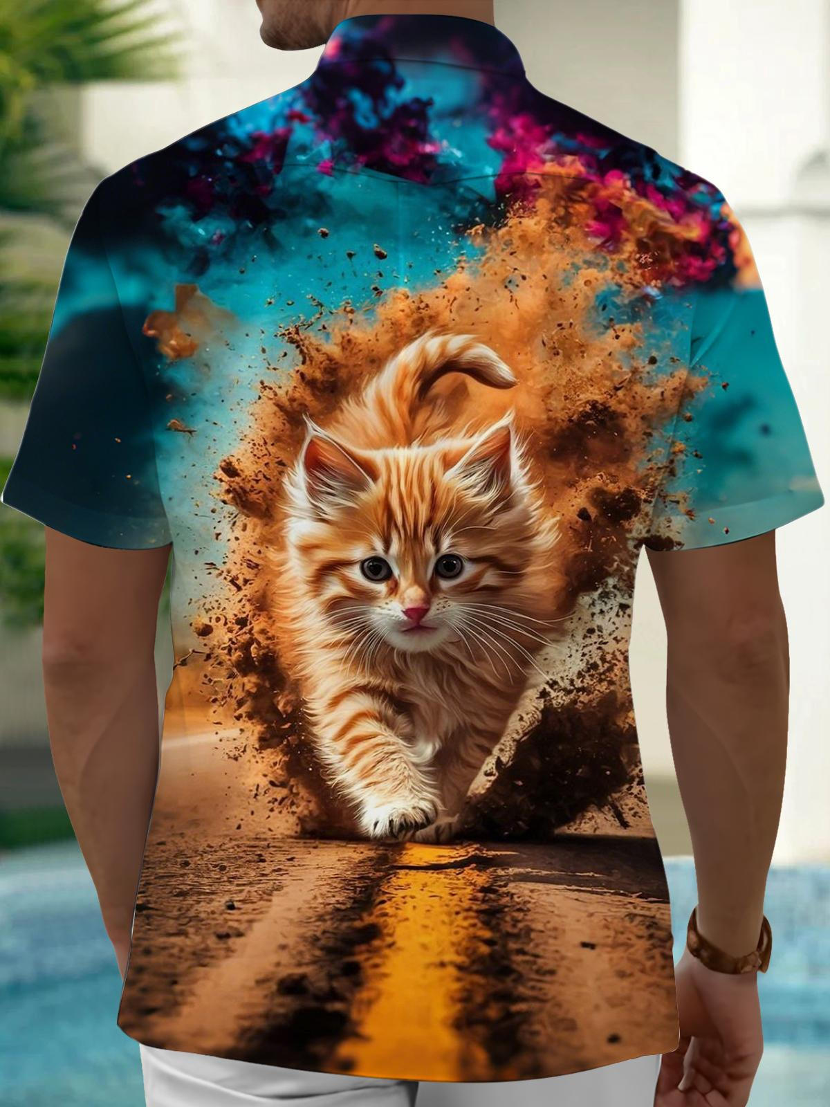 Cat Print Men's Pocket Short Sleeve Shirts