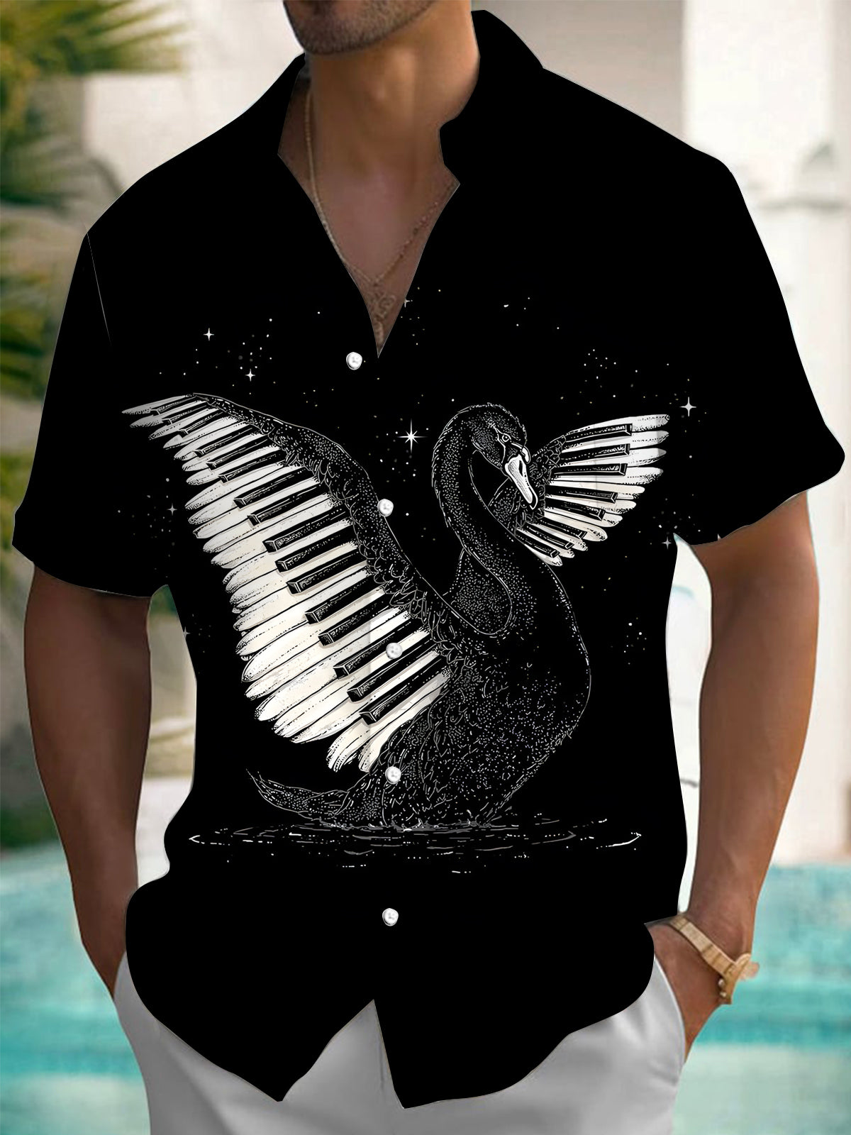 Swan Piano Print Men's Pocket Short Sleeve Shirts