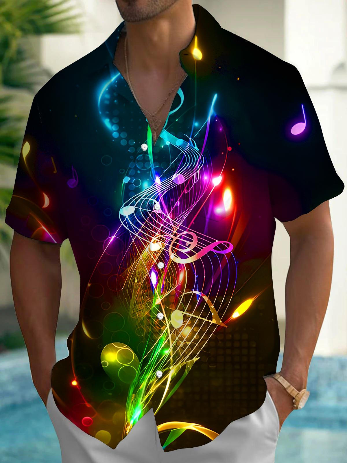 Colorful Music Notes Men's Pocket Short Sleeve Shirts