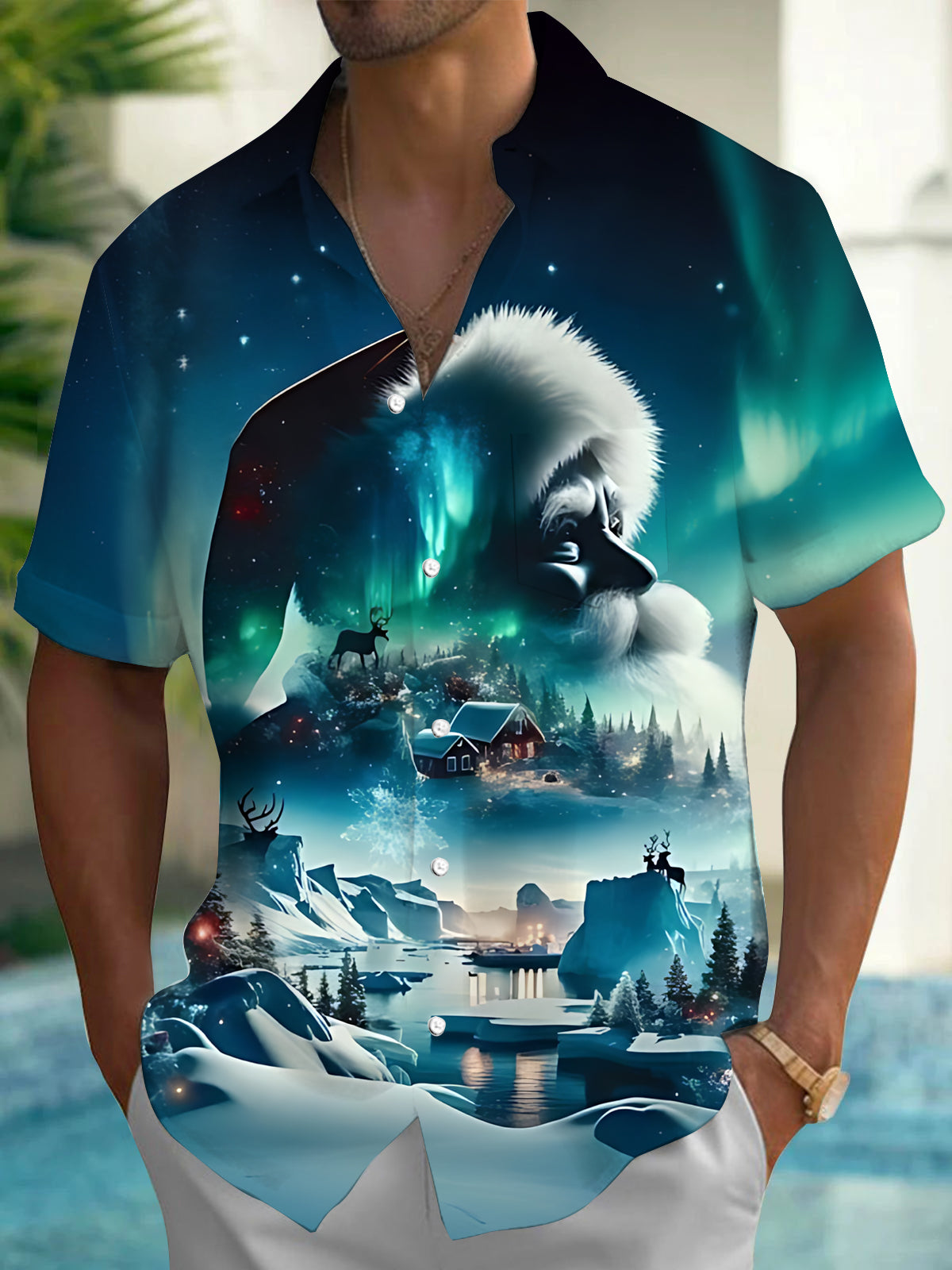 Santa Claus Print Men's Pocket Short Sleeve Shirts