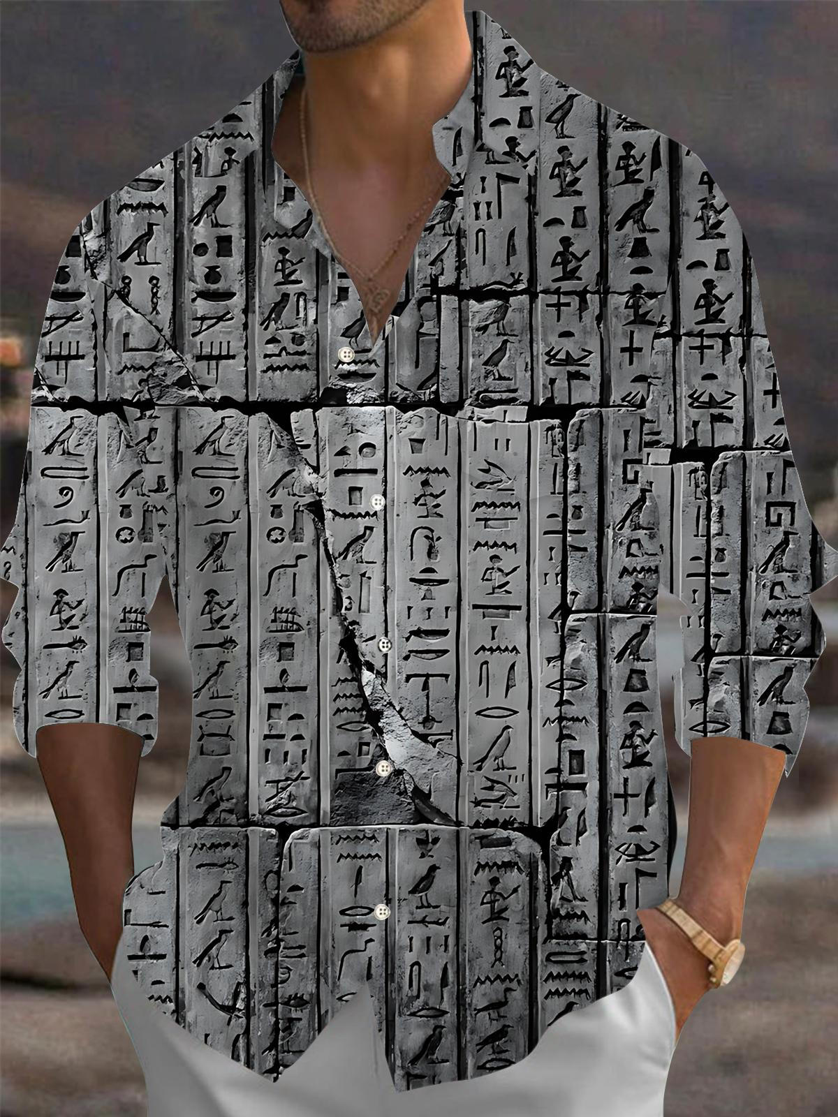 Vintage Engraved Print Men's Pocket Long Sleeve Shirts