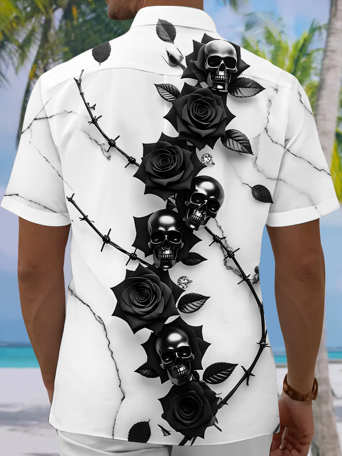 Skull Floral Men's Pocket Short Sleeve Shirts
