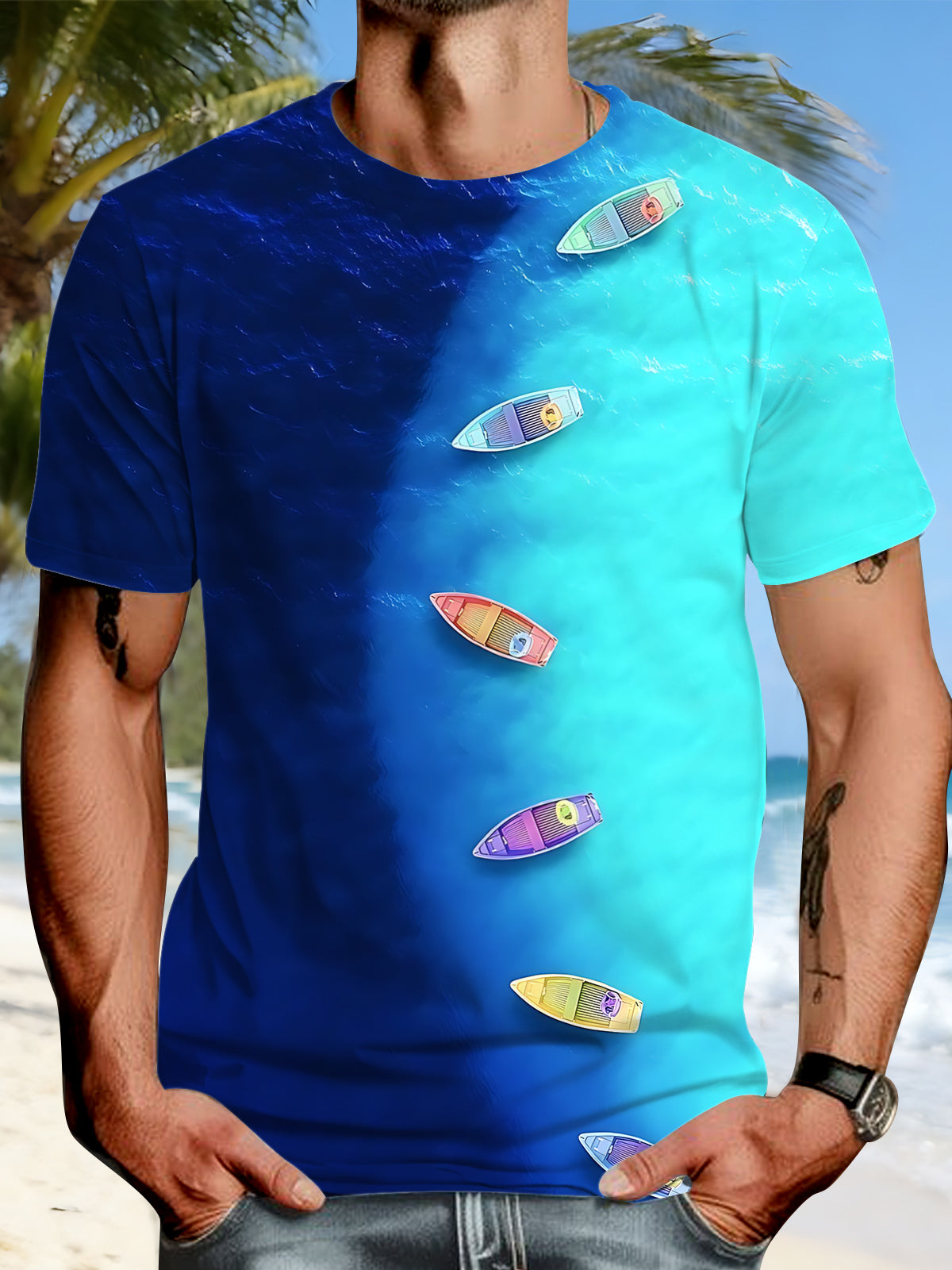 Ocean Boat Print Round Neck Short Sleeve Men's T-shirt