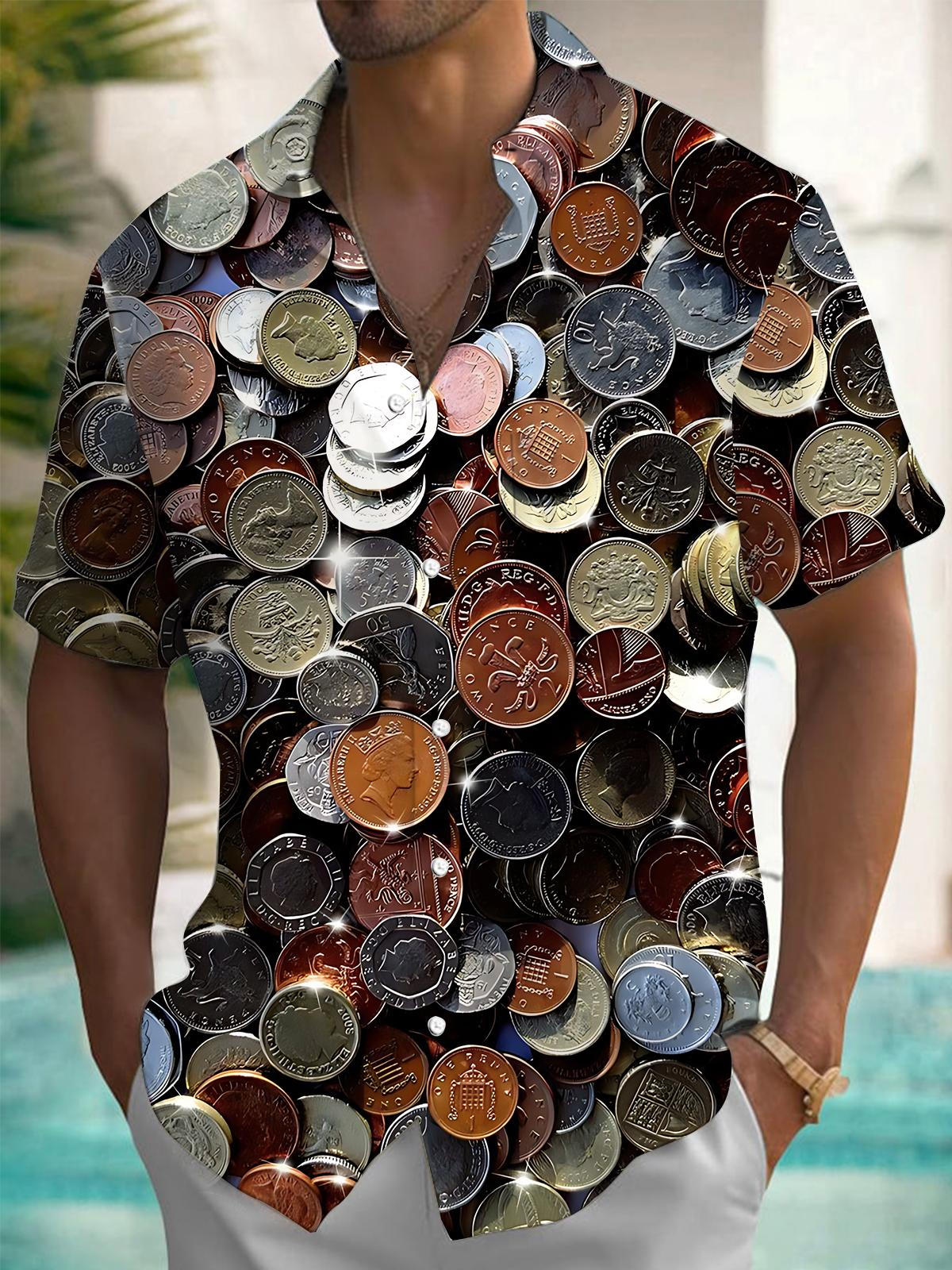 Game Coins Print Men's Pocket Short Sleeve Shirts