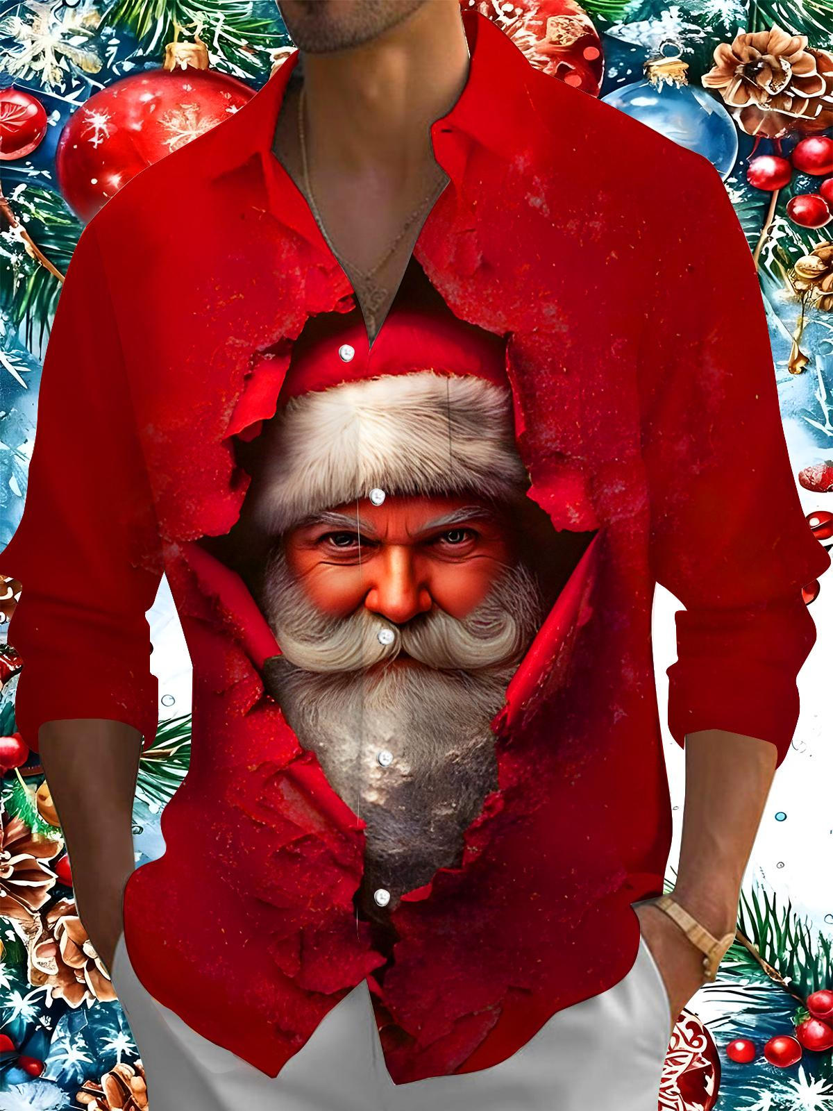 Funny Santa Claus Xmas Men's Pocket Long Sleeve Shirts