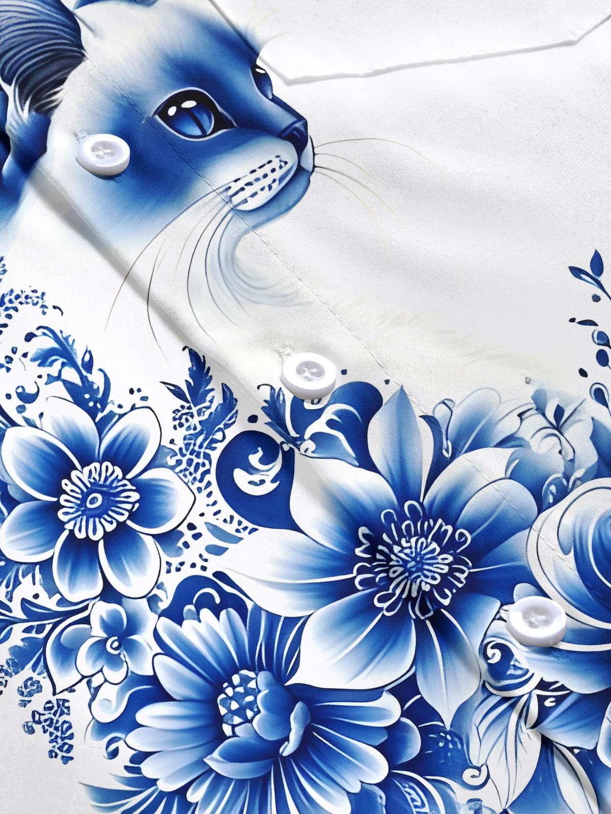 Cat Floral Men's Pocket Short Sleeve Shirts