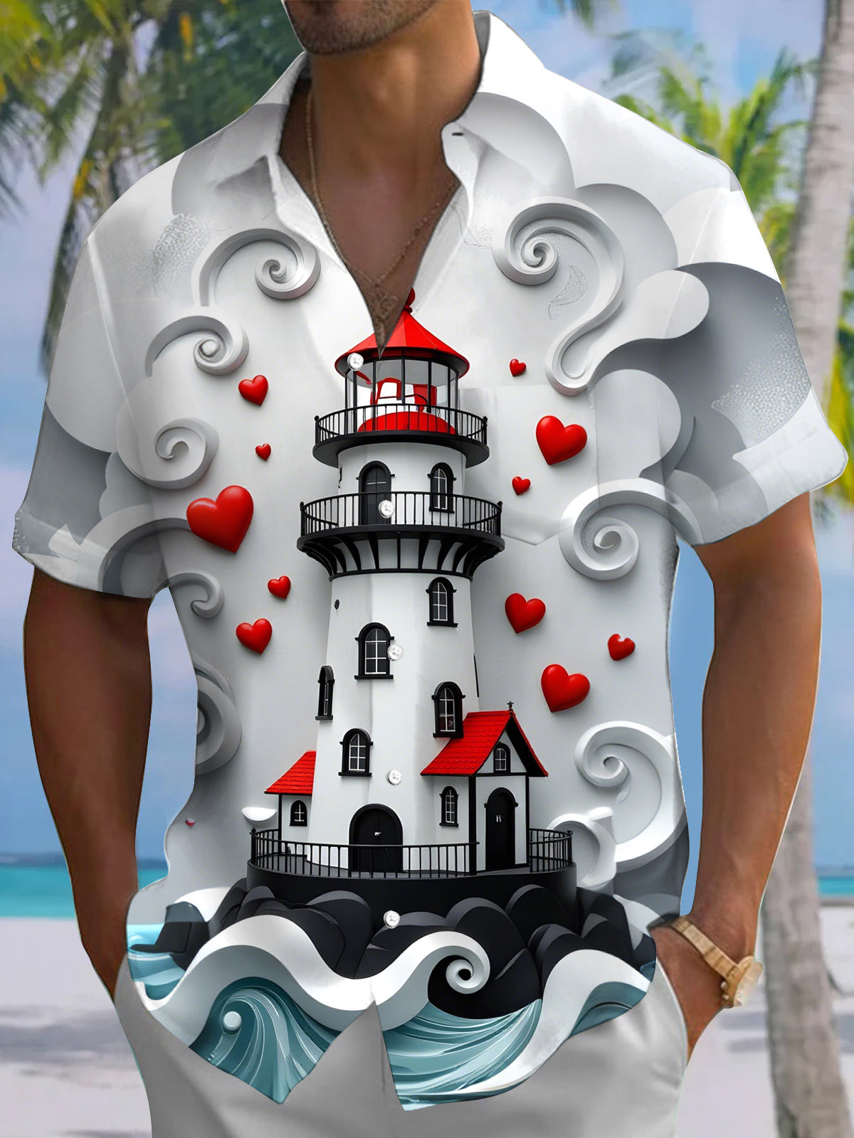 Lighthouse Heart Print Men's Pocket Short Sleeve Shirts