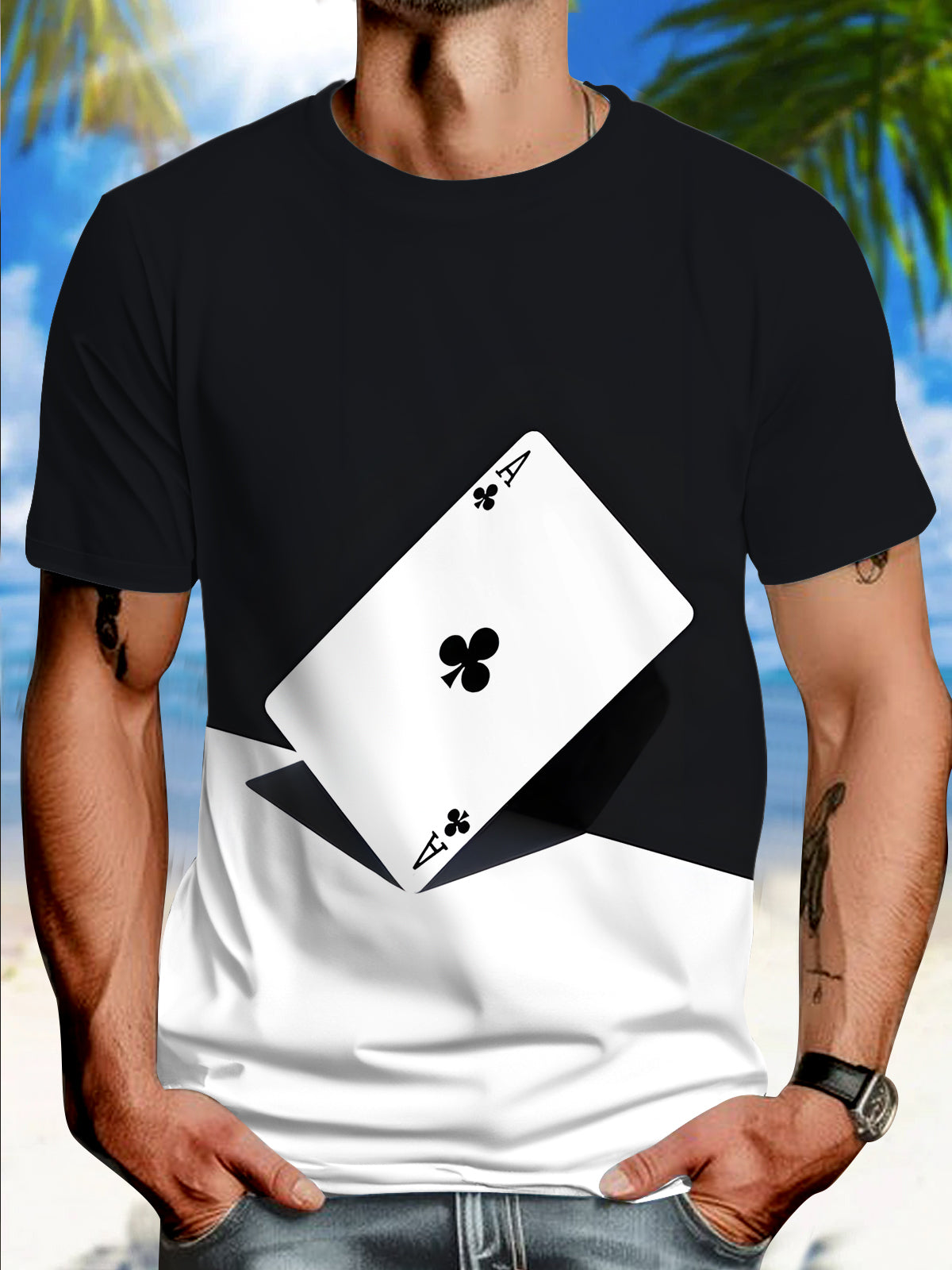 Poker Print Round Neck Short Sleeve Men's T-shirt
