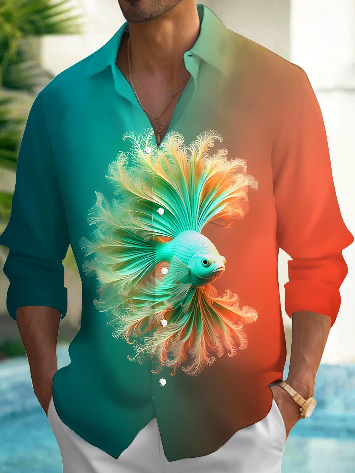 Fun Gradient Flowing Tail Ornamental Fish Men's Pocket Long Sleeve Shirts