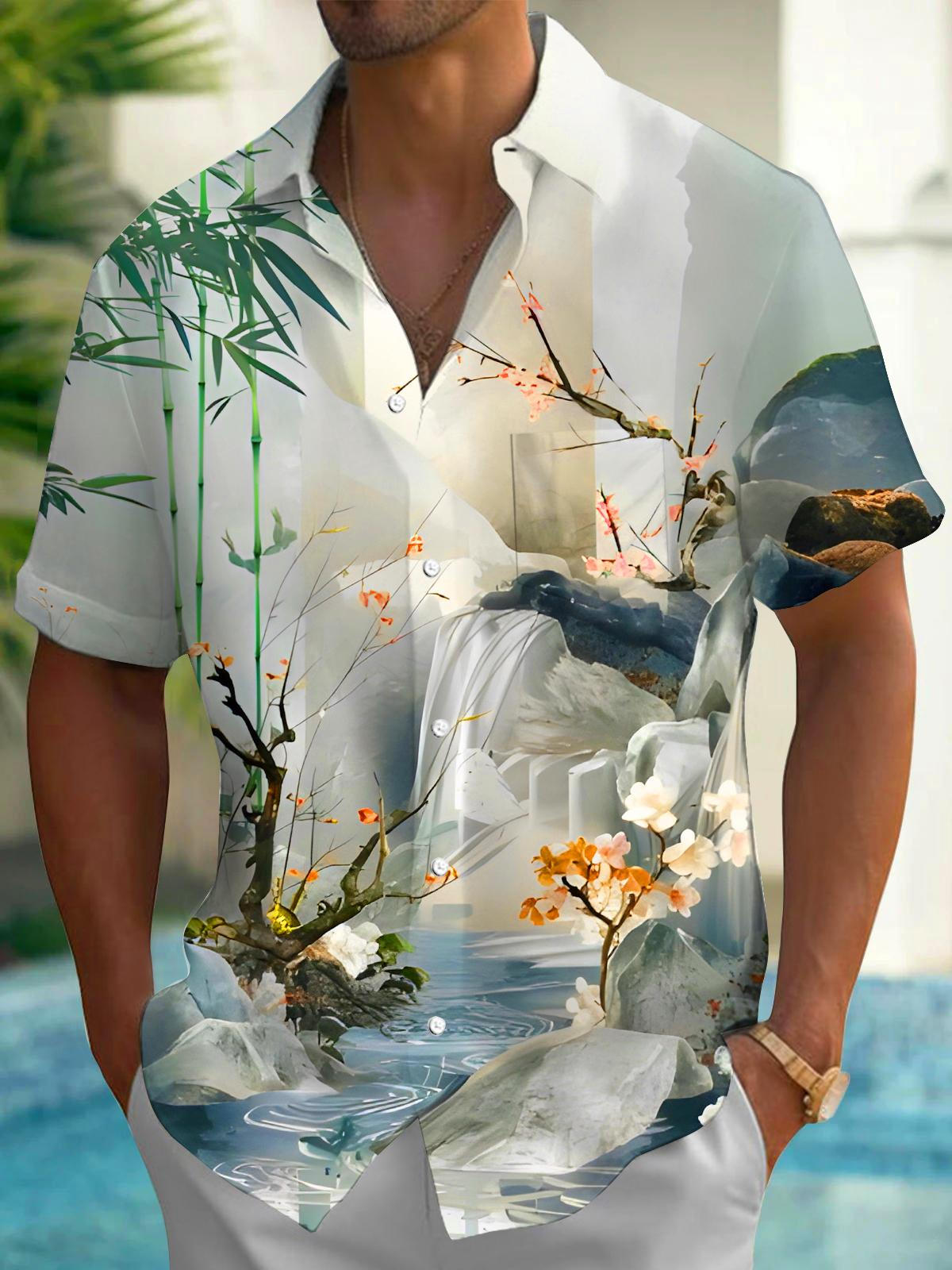 Bamboo Leaves Floral Landscapes Men's Pocket Short Sleeve Shirts