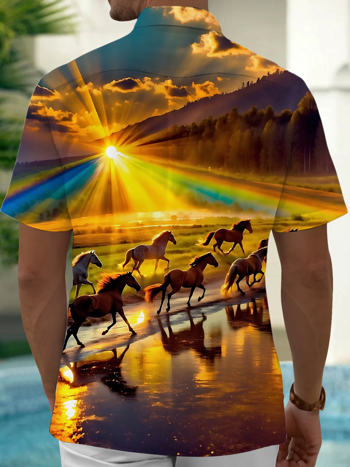 Sunset Horse Group Print Men's Pocket Short Sleeve Shirts