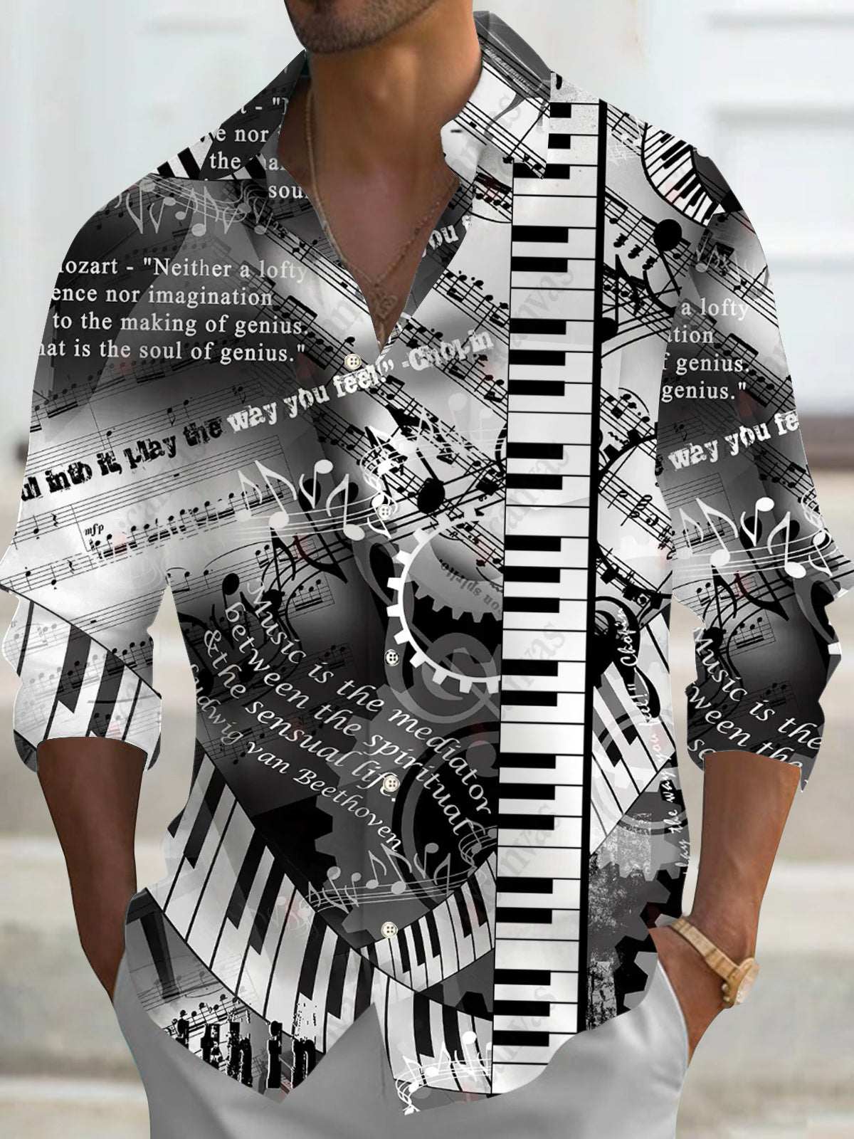 Note Piano Art Print Men's Pocket Long Sleeve Shirts