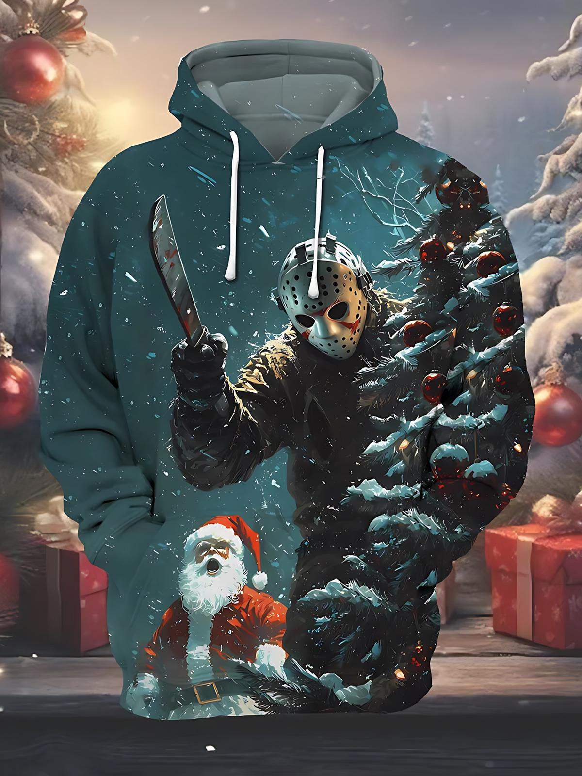 Christmas Santa Claus Print Men's Long Sleeve Pocket Hoodies