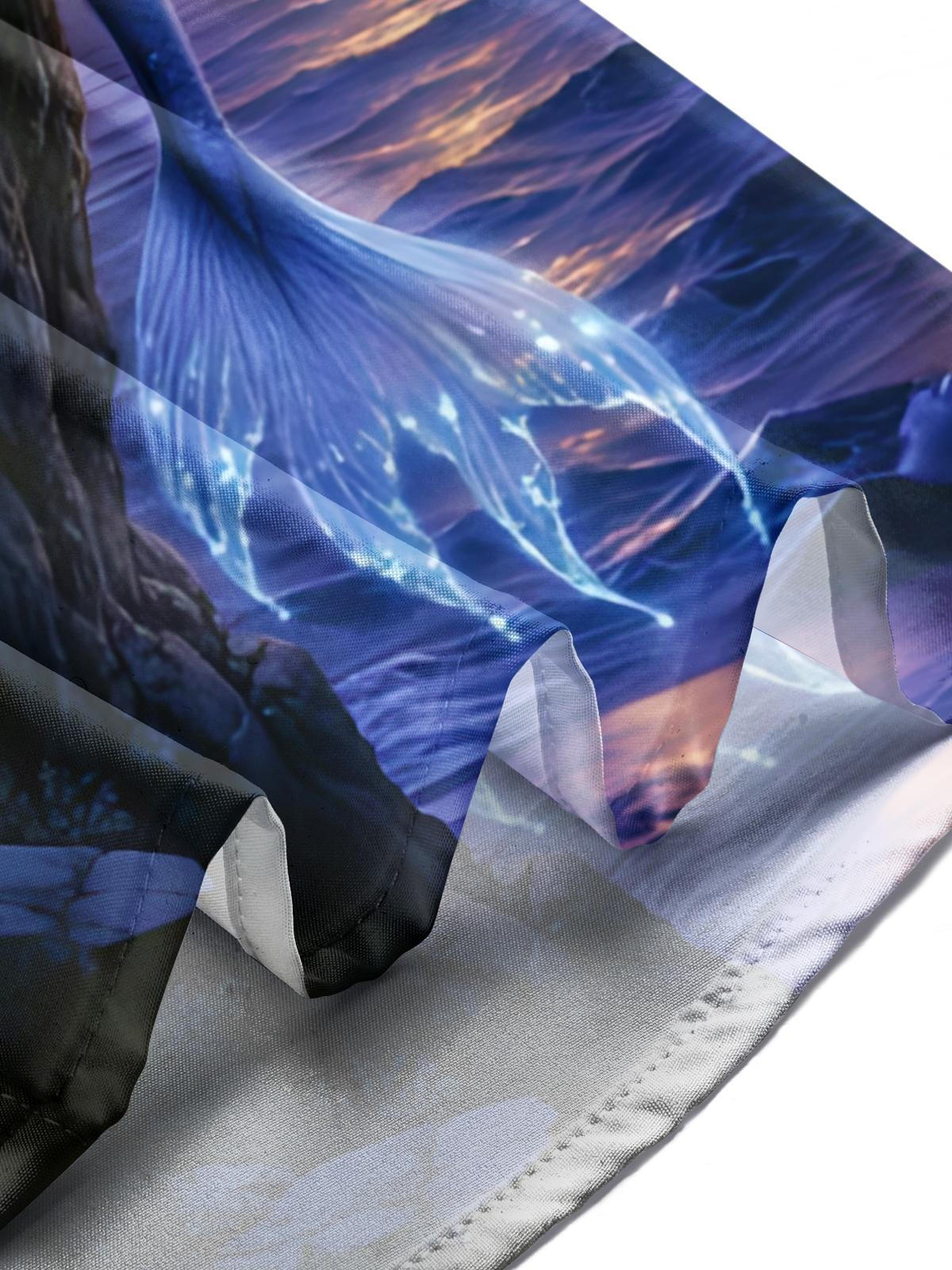 Mermaid Moon Boat Print Men's Pocket Short Sleeve Shirts