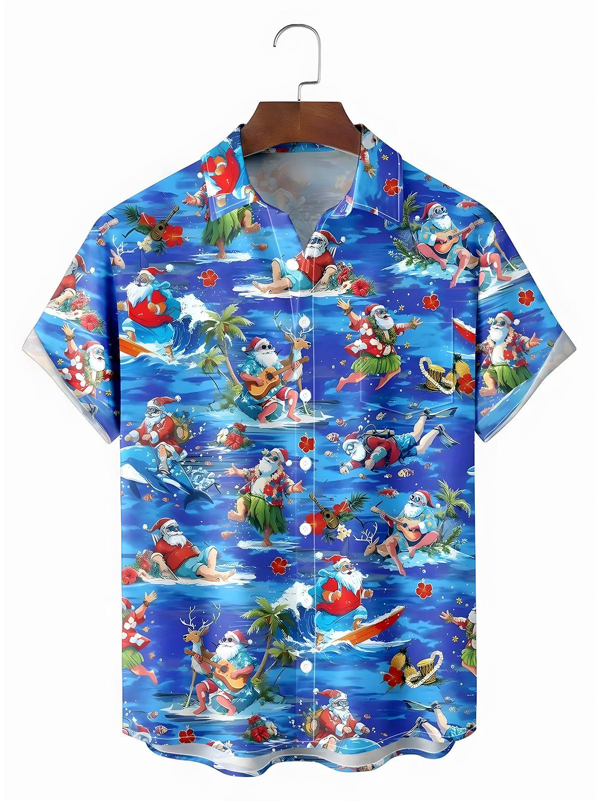 Hawaiian Santa Claus Guitar Men's Pocket Short Sleeve Shirts