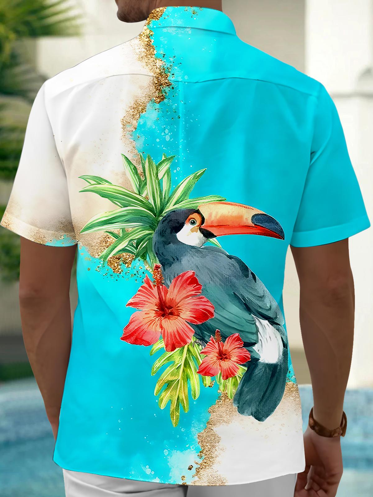 Hawaiian Parrot Floral Men's Pocket Short Sleeve Shirts