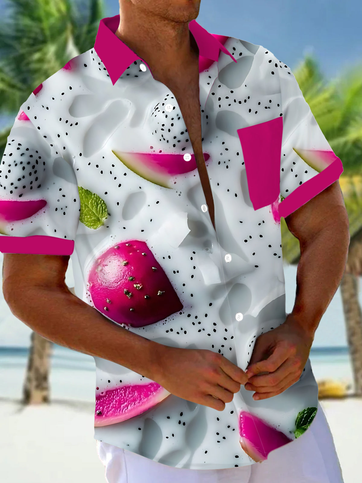Pitaya Print Men's Pocket Short Sleeve Shirts