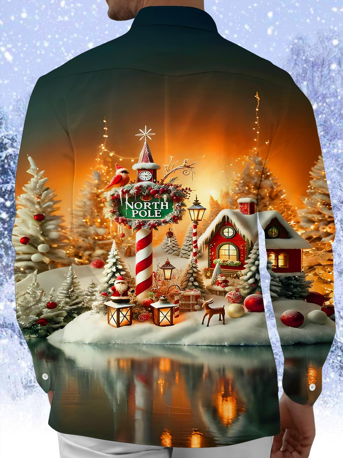 Winter Snow Scene Christmas Tree Xmas Men's Pocket Long Sleeve Shirts
