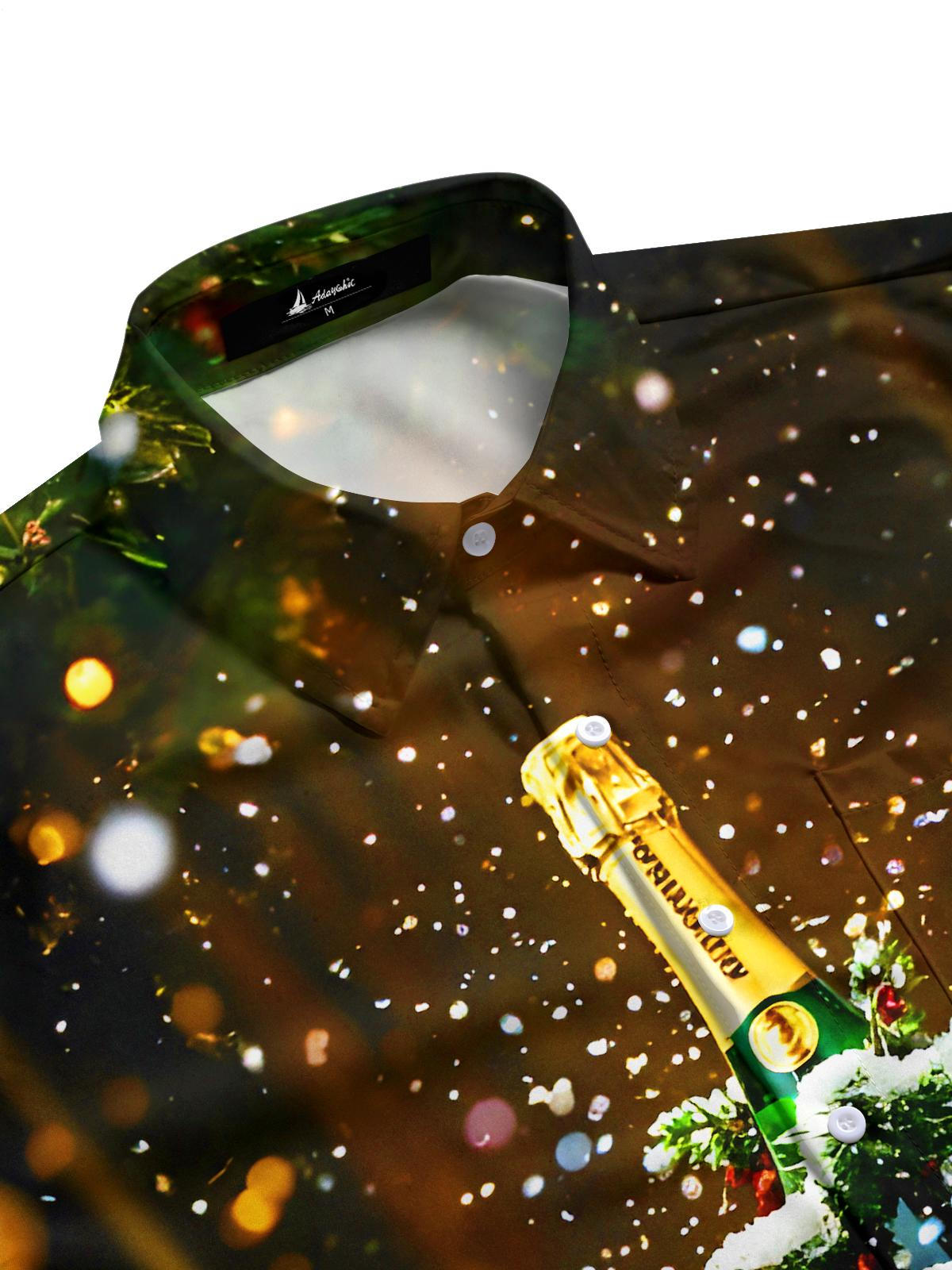 Fun Festive New Year Christmas Tree Decorations Wine Bottle Men's Pocket Short Sleeve Shirts