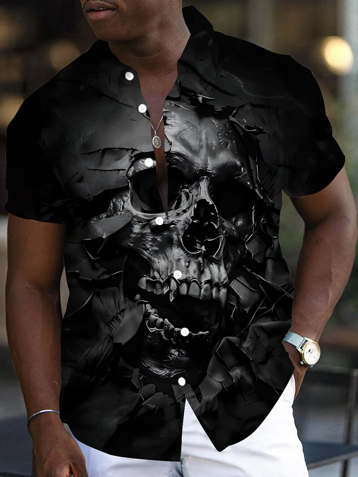 Skull Print Men's Pocket Short Sleeve Shirts