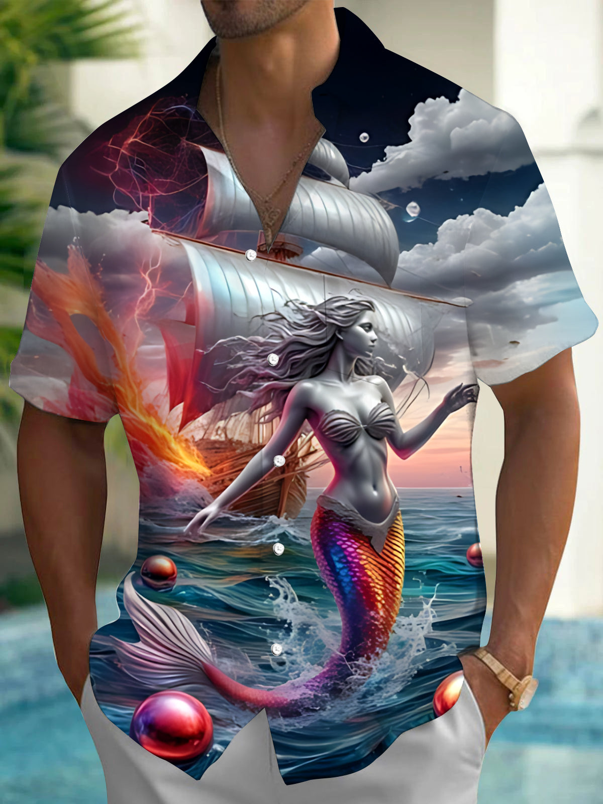Ocean Mermaid Boat Print Men's Pocket Short Sleeve Shirts