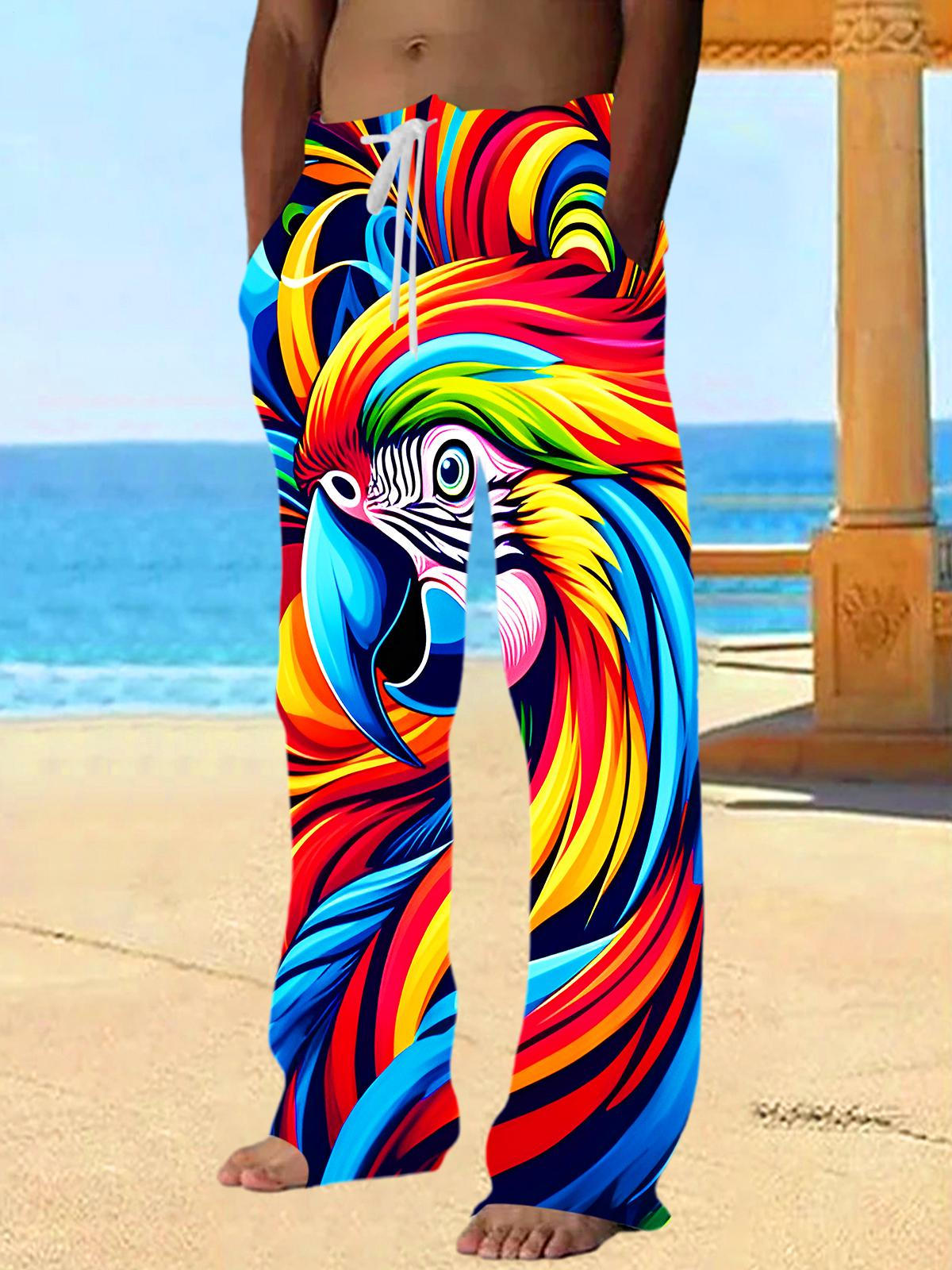 Funny Colorful Parrot Swirl Men's Casual Elastic Waist Pants