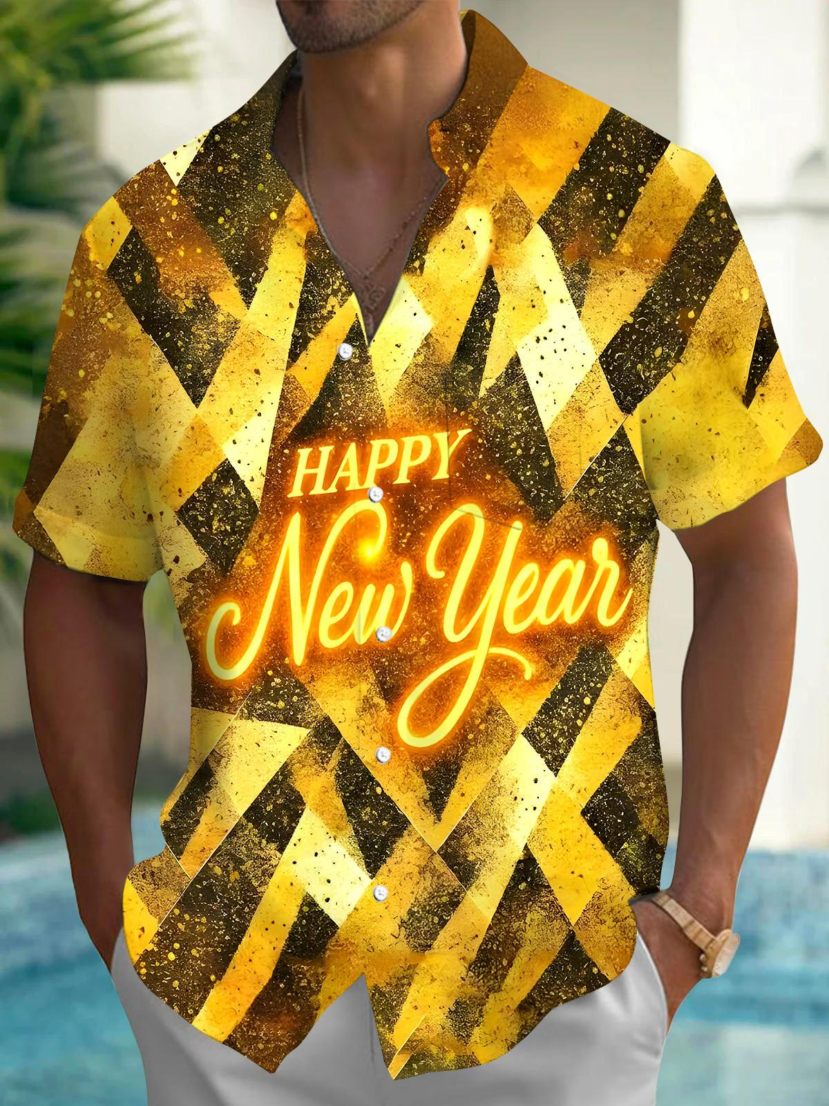 New Year Geometry Men's Pocket Short Sleeve Shirts
