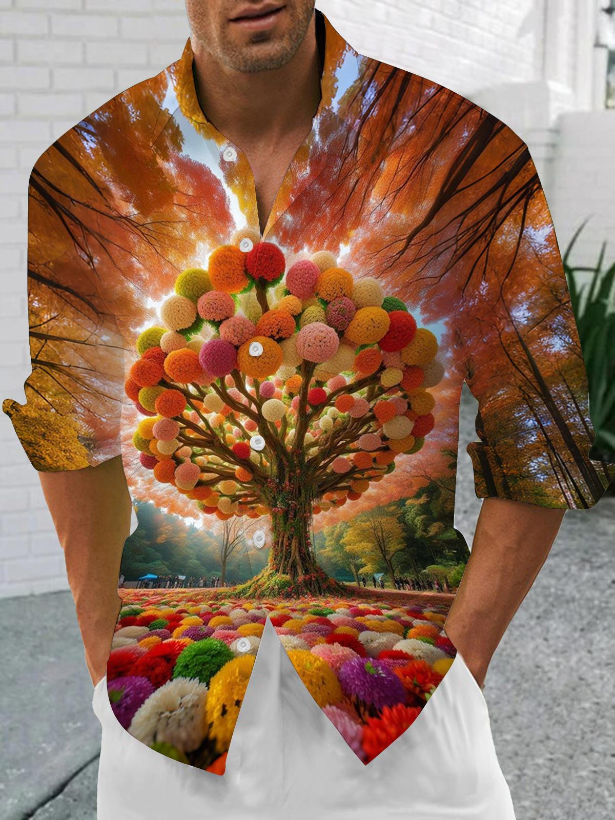 Tree Print Men's Pocket Long Sleeve Shirts