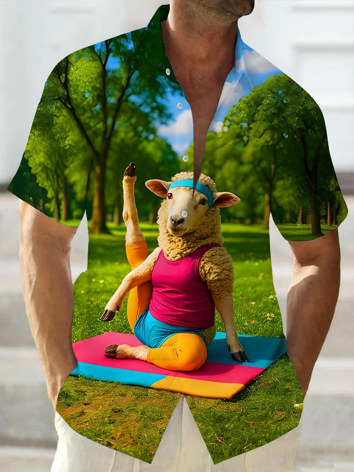 Fun Yoga Stretching Sheep Men's Pocket Short Sleeve Shirts